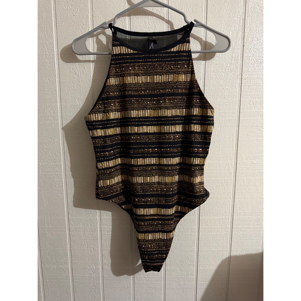 Victoria Sport Womens Gold Black Tribal Print Mesh Back Bodysuit Medium